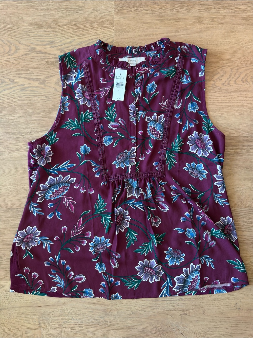 LOFT Sleeveless Floral Ruffle Yoke Top - Burgundy with Blue & Green Accents